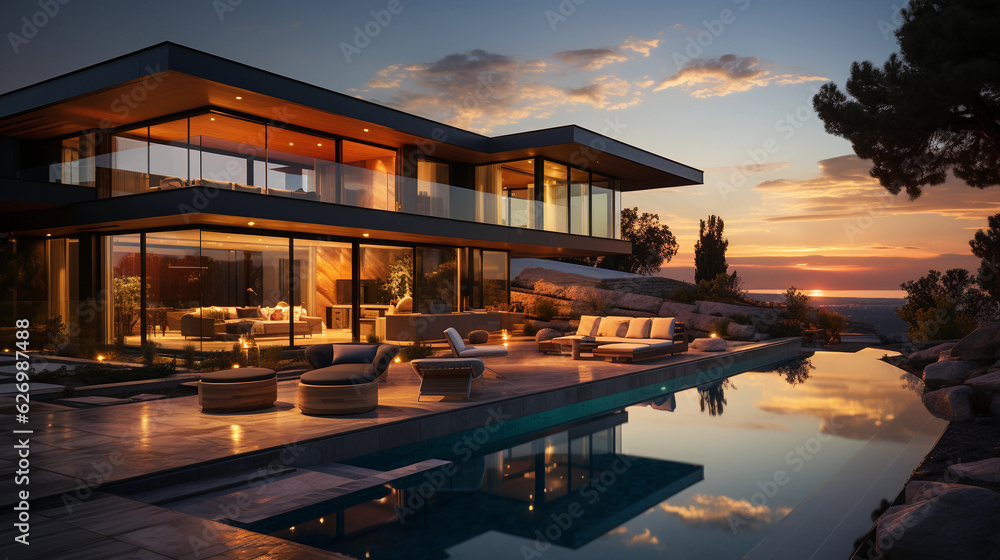 modern home with swimming pool, patio, lounge and sunset