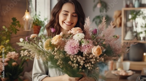 Happy beauty florist making beautiful bouquet with roses. Generative AI