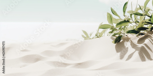green leaves of a plant among the white sand on a sunny day. Beautiful background for product presentation. Ai generative