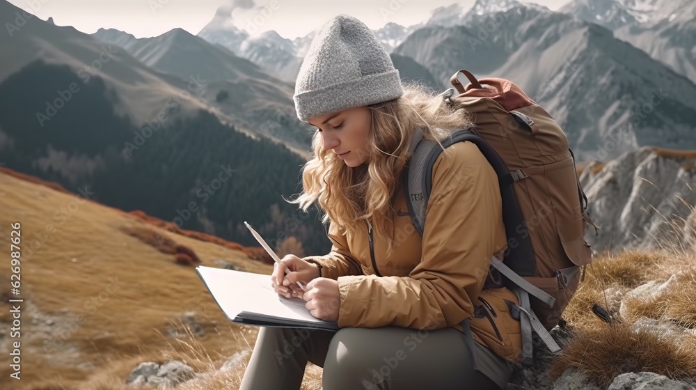 Strong character independent woman hiking sits on top of a mountain and writes diary entries. Generative AI