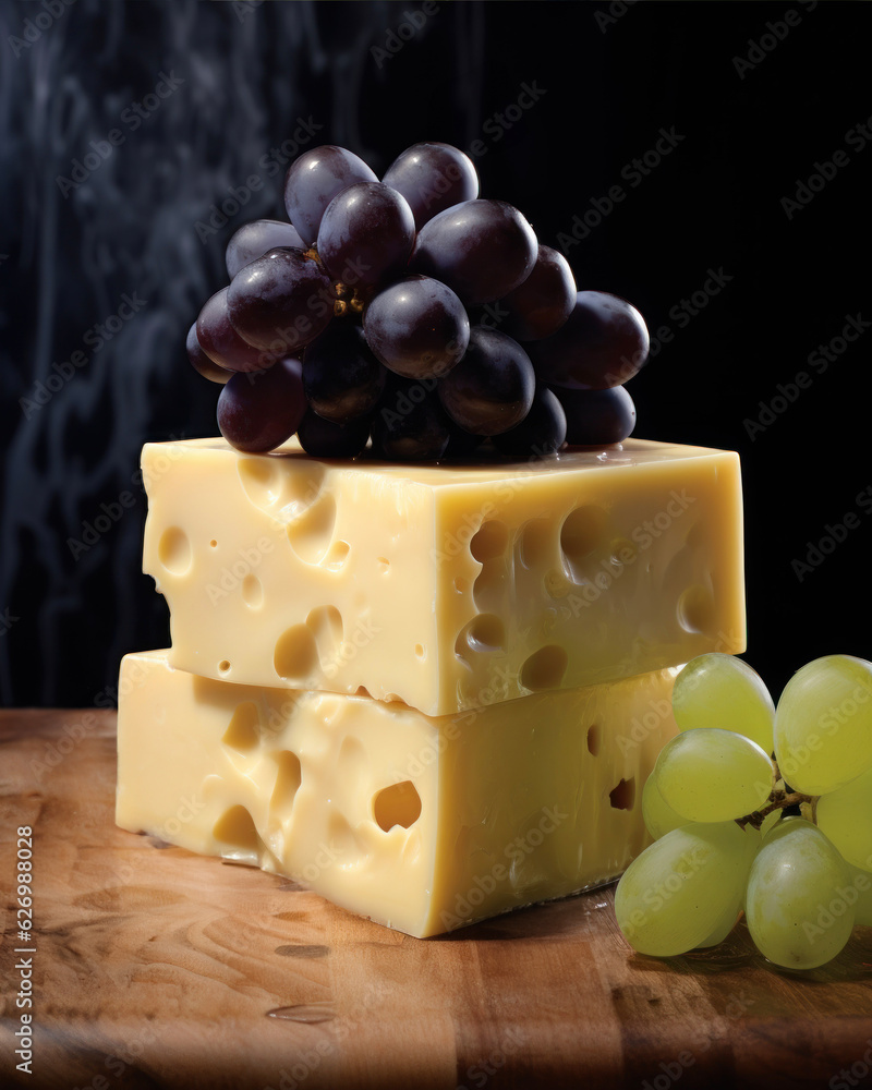 Photorealistic image of two pieces of maasdam cheese with black and white grapes Photorealistic image of two pieces of maasdam cheese with black and white grapes