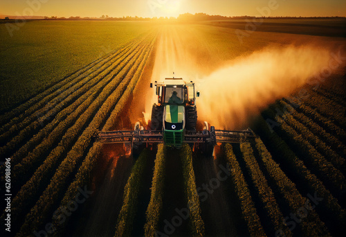 View from a drone  work in a collective farm field. The tractor sprays the plants with weed and insect control.