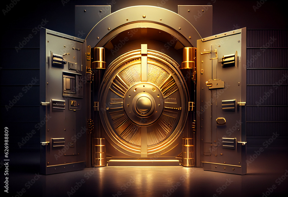 Bank vault; vault for money and gold bars. The massive door of the Federal Reserve Bank. AI generative. Bank vault; vault for money and gold bars. The massive door of the Federal Reserve Bank. AI generative.