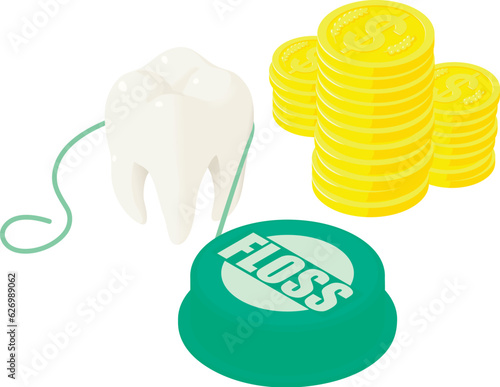 Teeth care icon isometric vector. Human tooth near dental floss and golden coin. Dentistry, stomatology, prevention concept