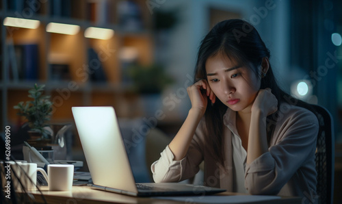 a young Asian woman studying late at night in her home office
