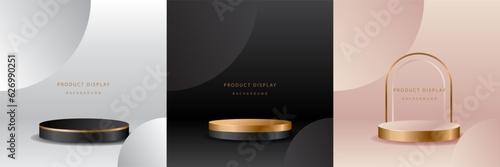 Luxury background with realistic cylinder pedestal podium. Abstract vector rendering geometric forms. Mockup product display. Stand to show products. Minimal wall scene. Stage showcase. photo