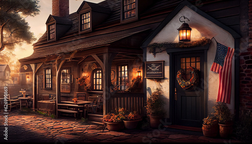View of a cozy tavern  wooden decor. AI generated.