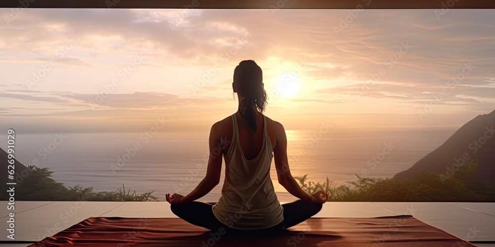 Healthy wellness woman yoga breathing meditating in lotus position. Generative AI