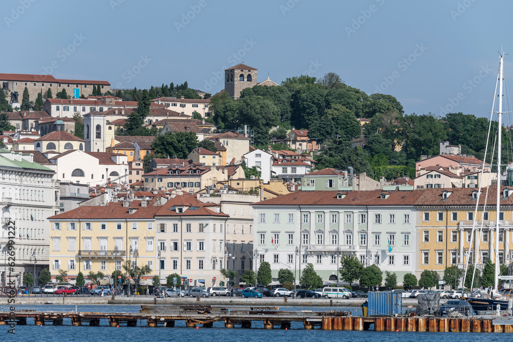 town waterfront and san Giusto belltower, Trieste, Friuli, Italy