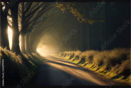 Walking space or trails along the forest with shining brightly sunlight. Abstract in the mysterious wideness with nature. Finest generative AI.