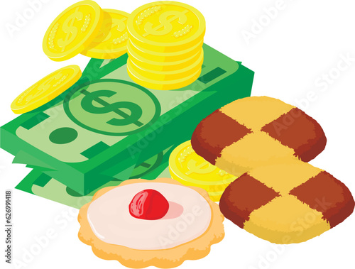 Colorful cookie icon isometric vector. Shortbread cookie near dollar and coin. Dessert, sweet food