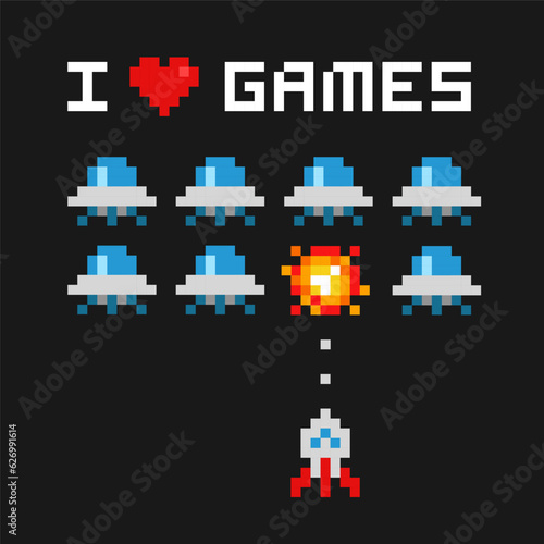 Space Arcade in 8-bit computer video game style poster with "I love games" slogan. Simple pixel graphics game. Geek Poster with vintage computer game screen vector illustration