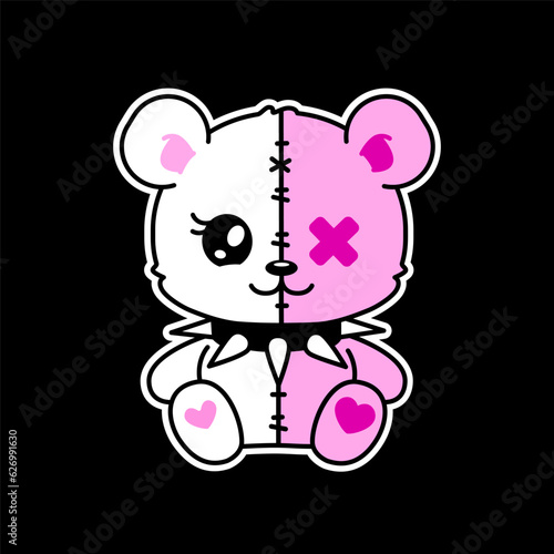 y2k Teddy Bear toy in 2000s aesthetic gothic punk tattoo art . Emo Gothic 00's sticker, black and pink colors. Cute Teddy Bear with tattoos and studded collar for y2k print design
