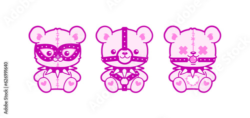 Teddy Bear toys in 2000s  tattoo art gothic sticker. Emo Goth 00's tattoo sticker black and pink colors. Gothic aesthetic Teddy Bear toy in studded collar for y2k print desig