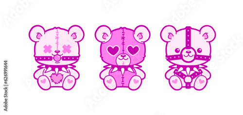 Teddy Bear toys in 2000s  tattoo art gothic sticker. Emo Goth 00's tattoo sticker black and pink colors. Gothic aesthetic Teddy Bear toy in studded collar for y2k print desig