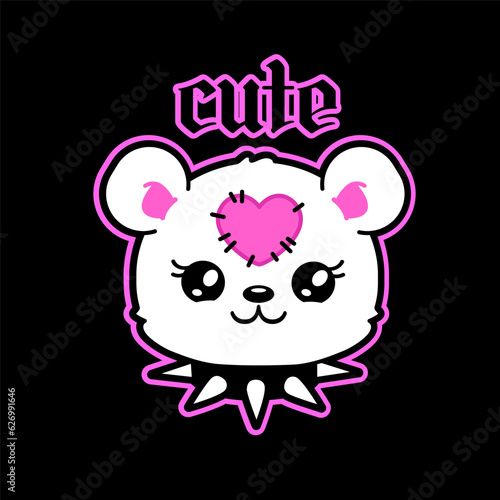"Cute"- y2k Teddy Bear toy head in 2000s aesthetic gothic punk sticker. Emo Goth 00's tattoo sticker, black and pink colors. Cute girly gothic Teddy Bear toy with studded collar for y2k print design