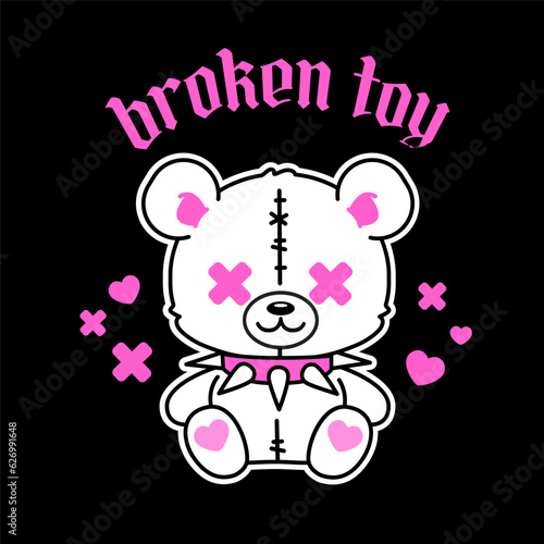 "Broken toy"- y2k Teddy Bear toy in 2000s aesthetic gothic punk style . Emo Goth 00's tattoo sticker black and pink colors. Cute gothic crue Teddy Bear toy with knife and studded collar for y2k design