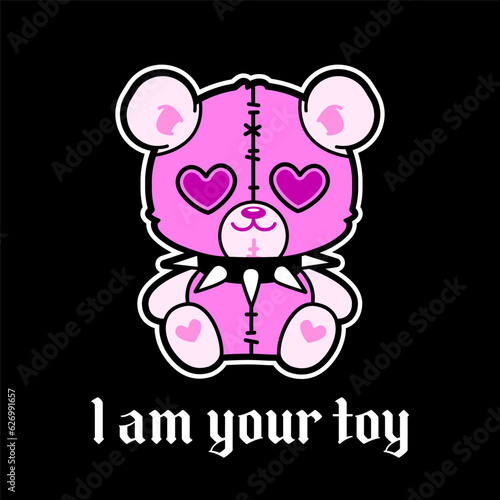 "I'm your toy"- y2k Teddy Bear toy in 2000s aesthetic gothic sticker or print. Emo Goth 00's tattoo sticker black and pink colors. Wrong gothic Teddy Bear toy in studded collar for y2k print design