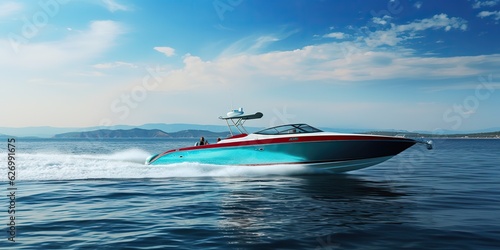 AI Generated. AI Generative. Fast speed boat ship yacht in the open sea ocean cruise vacation. Outdoor water sky adventures