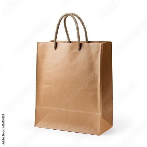 Recycle paper shopping bag with handle isolated white background.