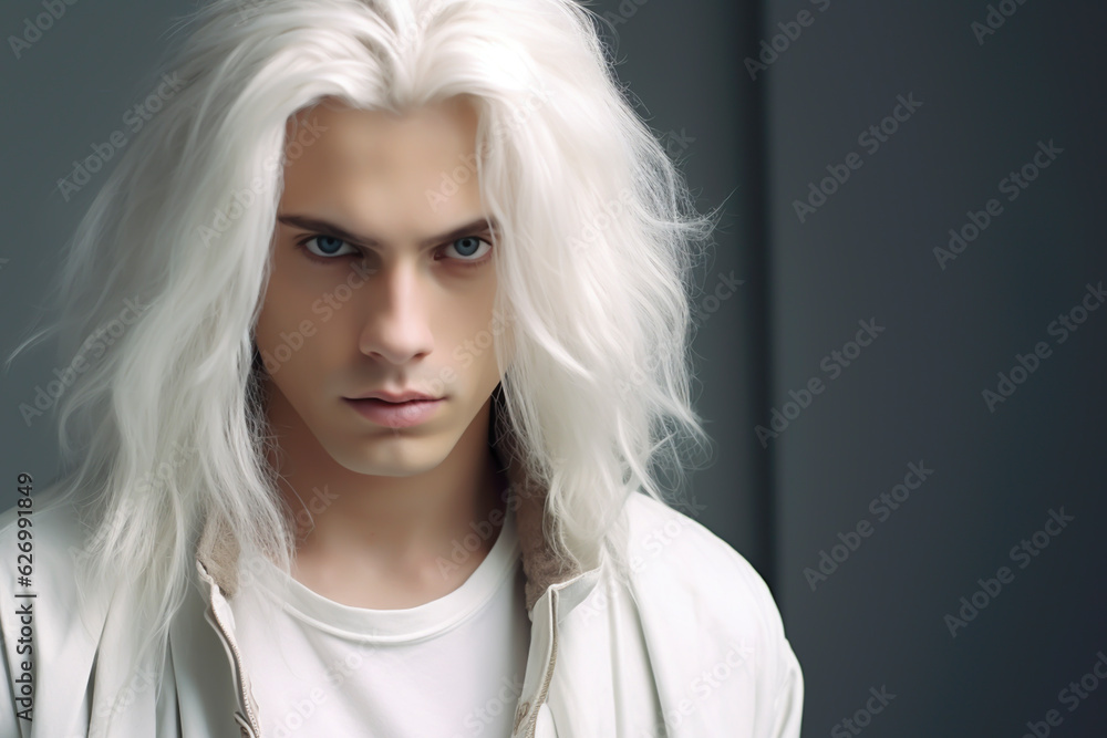 Close-up portrait of a very handsome young man with blue eyes and long white hair, wearing a white t-shirt and sweater - copy space, isolated, dark background
