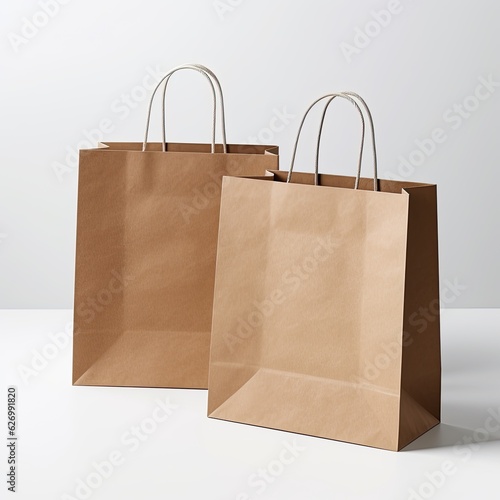 Recycle paper shopping bag with handle isolated white background. 