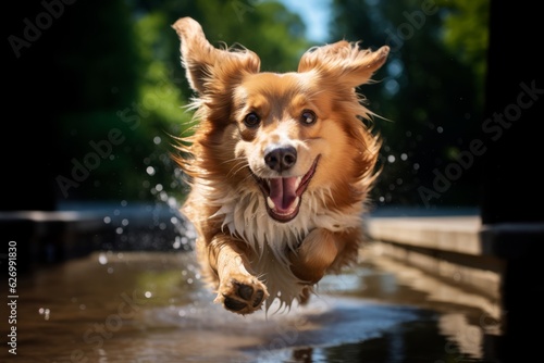 A high-speed shot of a playful dog running with its tongue out  capturing the joy and energy of our canine companions. Generative Ai