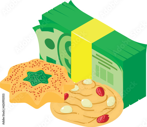 Crispy cookie icon isometric vector. Shortbread cookie and dollar banknote stack. Dessert, sweet food