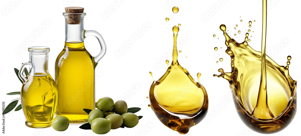 Olive oil set. Glass bottle of olive oil with olives. A drop of olive oil close-up. Isolated on a transparent background. KI. - obrazy, fototapety, plakaty 