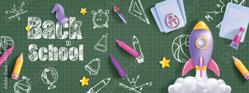 3D back to school vector background, chalkboard crayon doodle banner, online kids education, pencil. Rocket launch student internet e-learning academy, sale promotion concept. Back to school knowledge