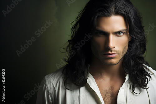 Close-up portrait of a very handsome man with green eyes, long dark brown hair, and a stubble beard, wearing a white shirt and jacket - copy space, isolated, green background