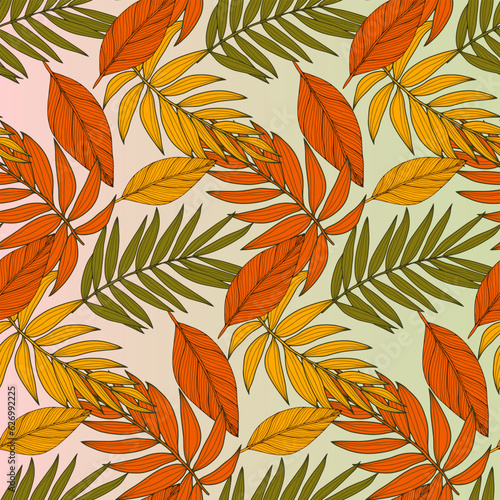 Autumn bright seamless pattern with branches and leaves in orange-red shades. Pattern for decor, wallpapers, textiles, wrapping paper, covers and backgrounds.