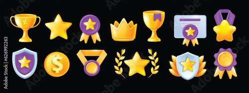 3D high quality professional icon set, vector recognition award medal kit, UI game level up reward. Golden cup, guarantee medal diploma, certified winner shield, customer prize crown. Quality icon