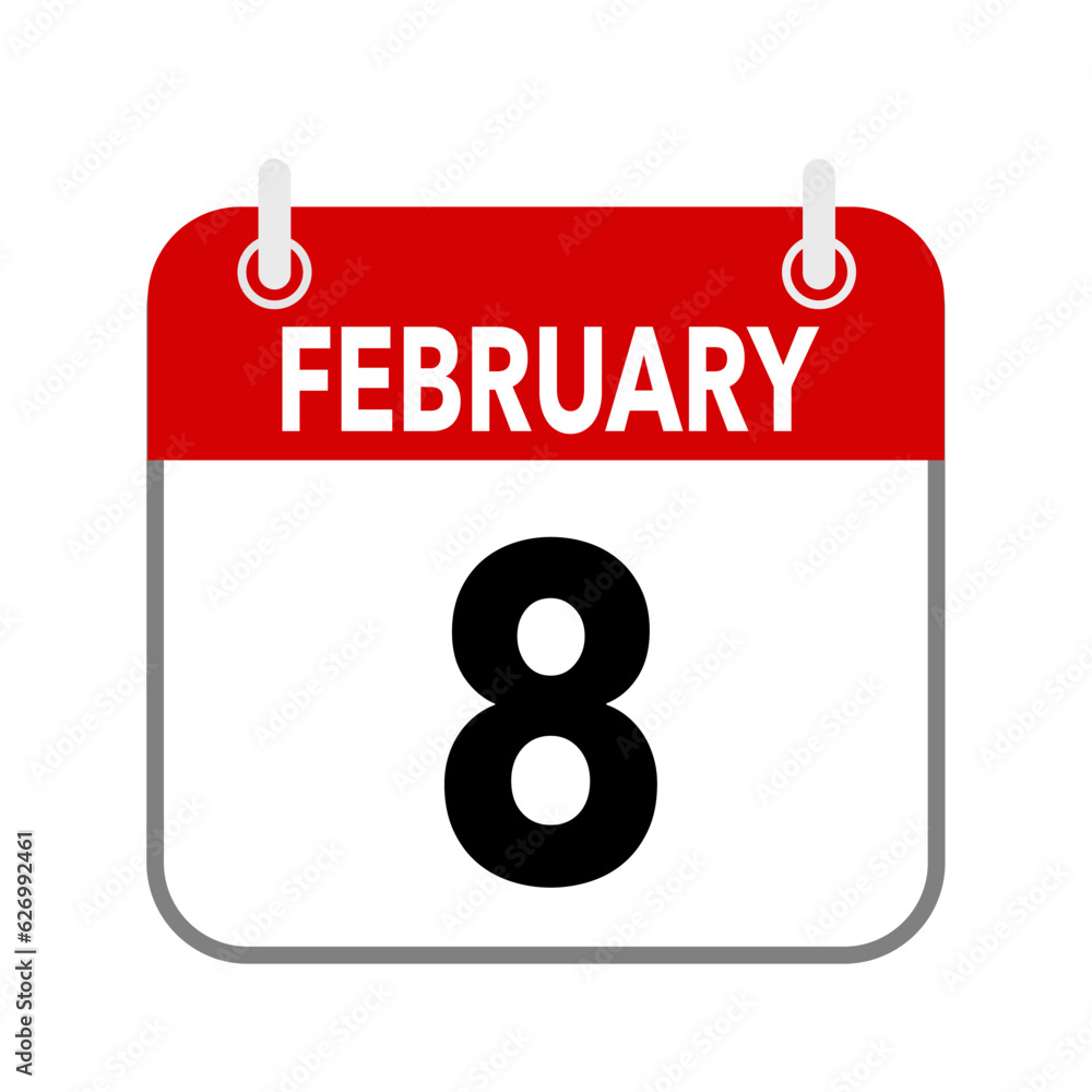 8 February, calendar date icon on white background. 8 February, calendar date icon on white background.