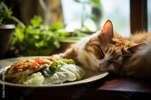 The cat is sleeping on a plate of salad. AI generated. © serperm73