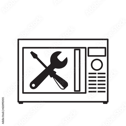 Icono de un microondas eléctrico con el símbolo de herramientas. Vector
