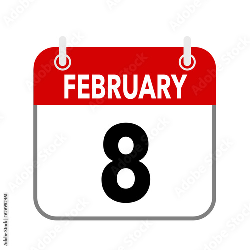 8 February, calendar date icon on white background.