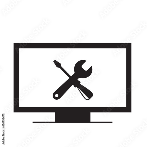 Icono de un televisor con el símbolo de herramientas. Vector