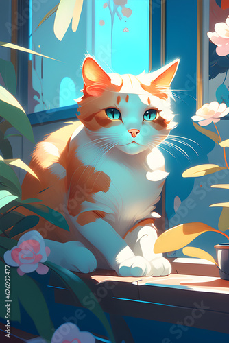 a cute cat playing with flowers. generative ai