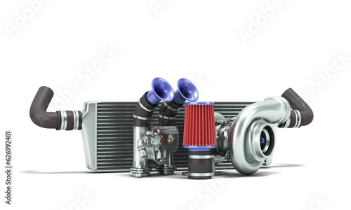 Set of custom spare car parts for tuning the internal components 3d render on white background