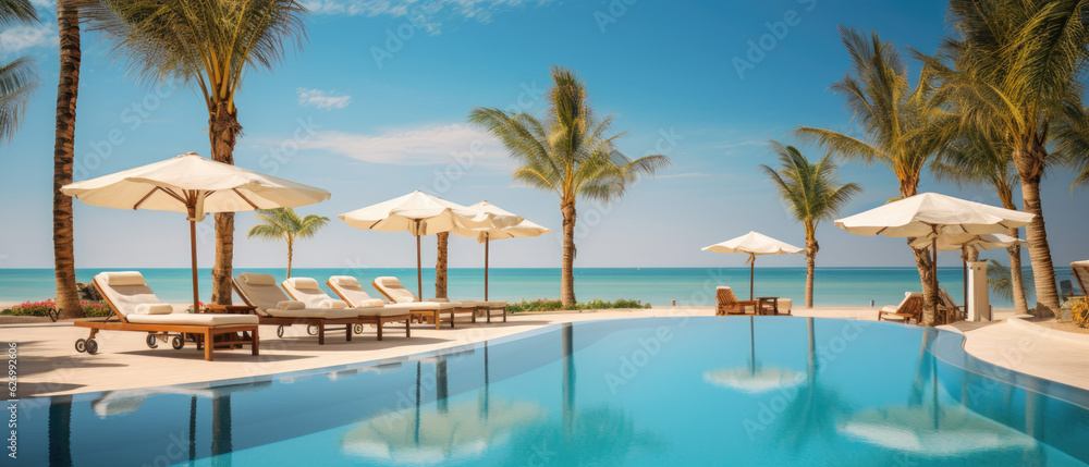 Luxurious swimming pool and loungers umbrellas near beach and sea with palm trees and blue sky. Generative AI