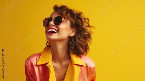 Blond young happy woman laughing wearing 80s fashion in Stylish woman posing as supermodel, Generative AI