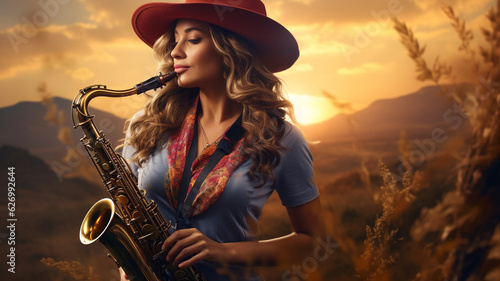 Beautiful young woman musician plays the saxophone while standing on the background of the desert. AI generated.