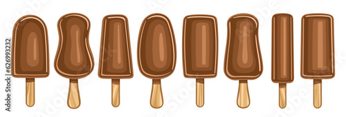 Vector set of  Milk Chocolate Popsicle, collection of 8 cut out illustrations covered choco ice creams, banner with group refreshing chocolate popsicles for kids with wood sticks on white background