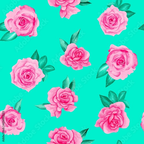 Watercolor flowers pattern  pink tropical elements  green leaves  green background  seamless