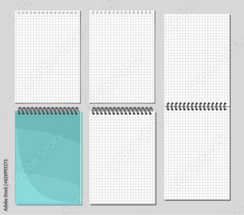 Vector Notepad Set, collection of 5 cut out illustrations of different grid notepad pages, group of opened and closed spiral notepads on grey background, set of white a4 format vertical copy spaces