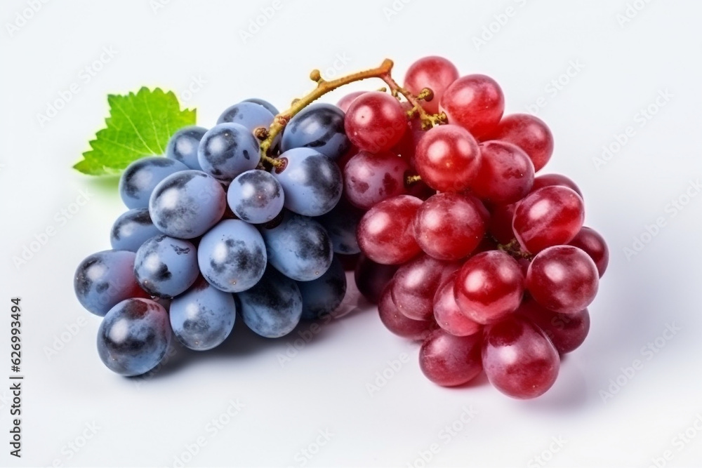 Red and blue grapes with leaves isolated on white background.Generative Ai.