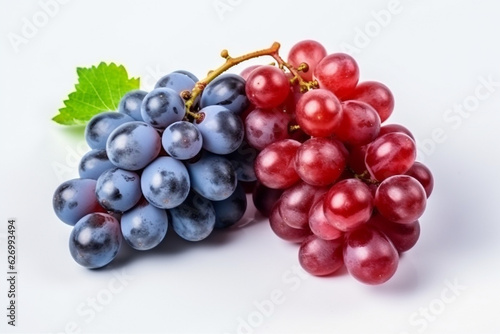 Red and blue grapes with leaves isolated on white background.Generative Ai.