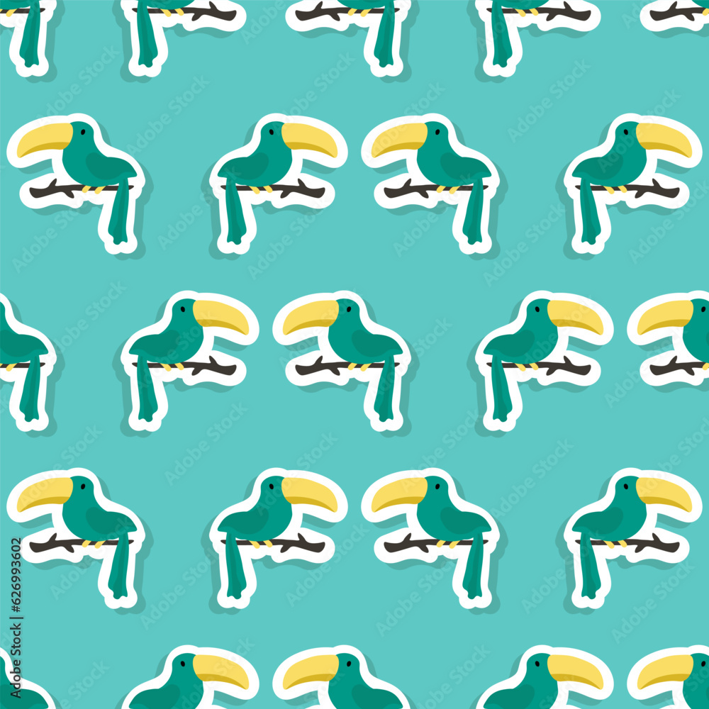 Vector sticker pattern with toucan.Tropical jungle cartoon creatures.Pastel animals background.Cute natural pattern for fabric, childrens clothing,textiles,wrapping paper. Vector sticker pattern with toucan.Tropical jungle cartoon creatures.Pastel animals background.Cute natural pattern for fabric, childrens clothing,textiles,wrapping paper.