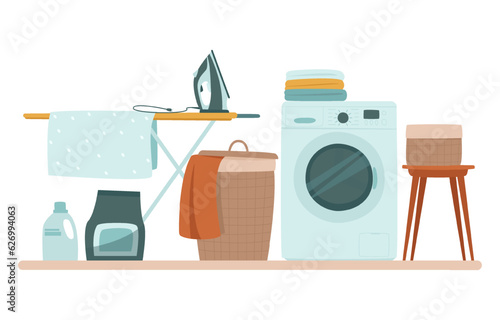 The laundry room has a washing machine, a laundry basket and an ironing board and iron. A separate room for storing household chemicals and washing clothes. Flat vector illustration.